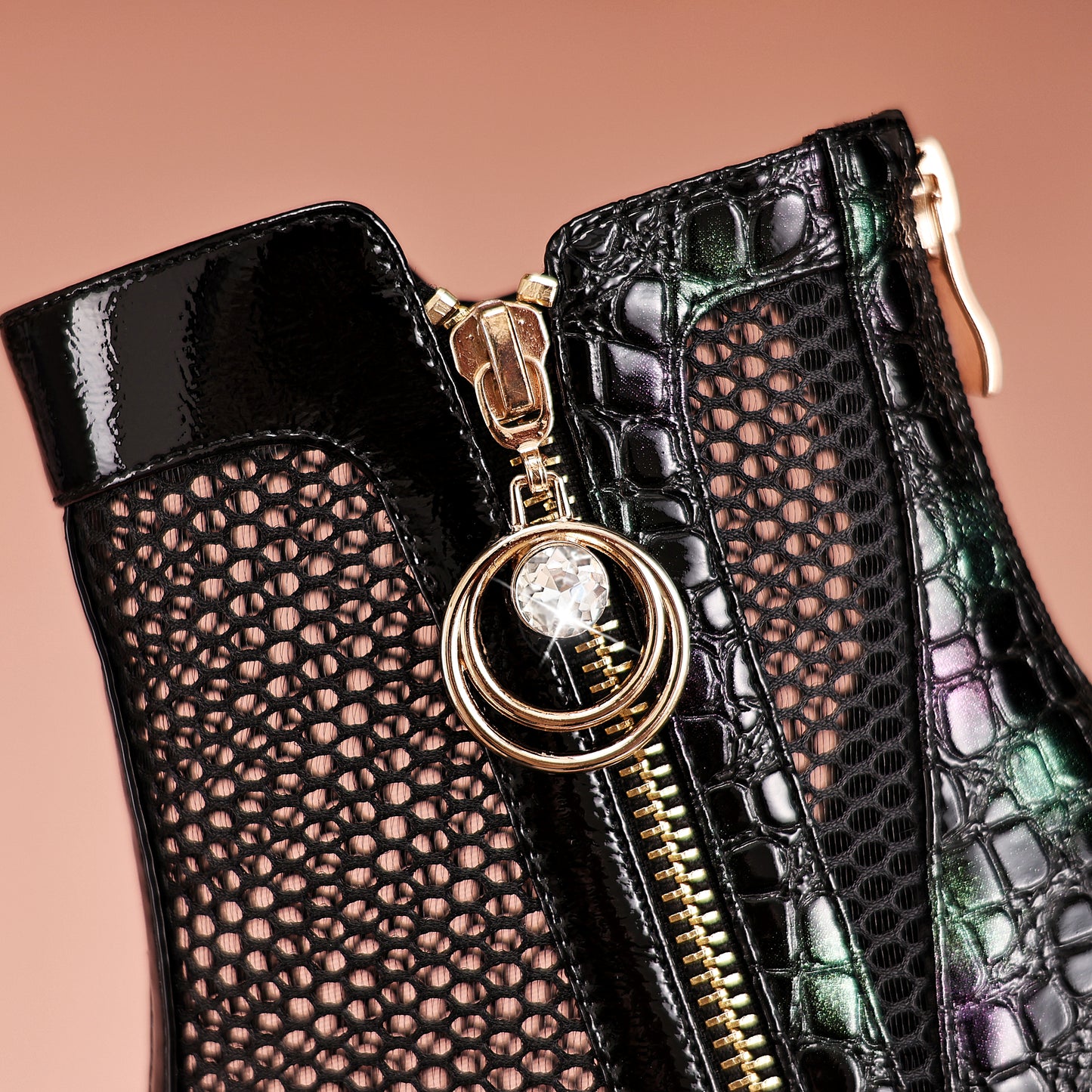 TinaCus Patent Leather & Mesh Women's Pointed Toe Handmade Dual Zippers Mid Chunky Heels Ankle Boots