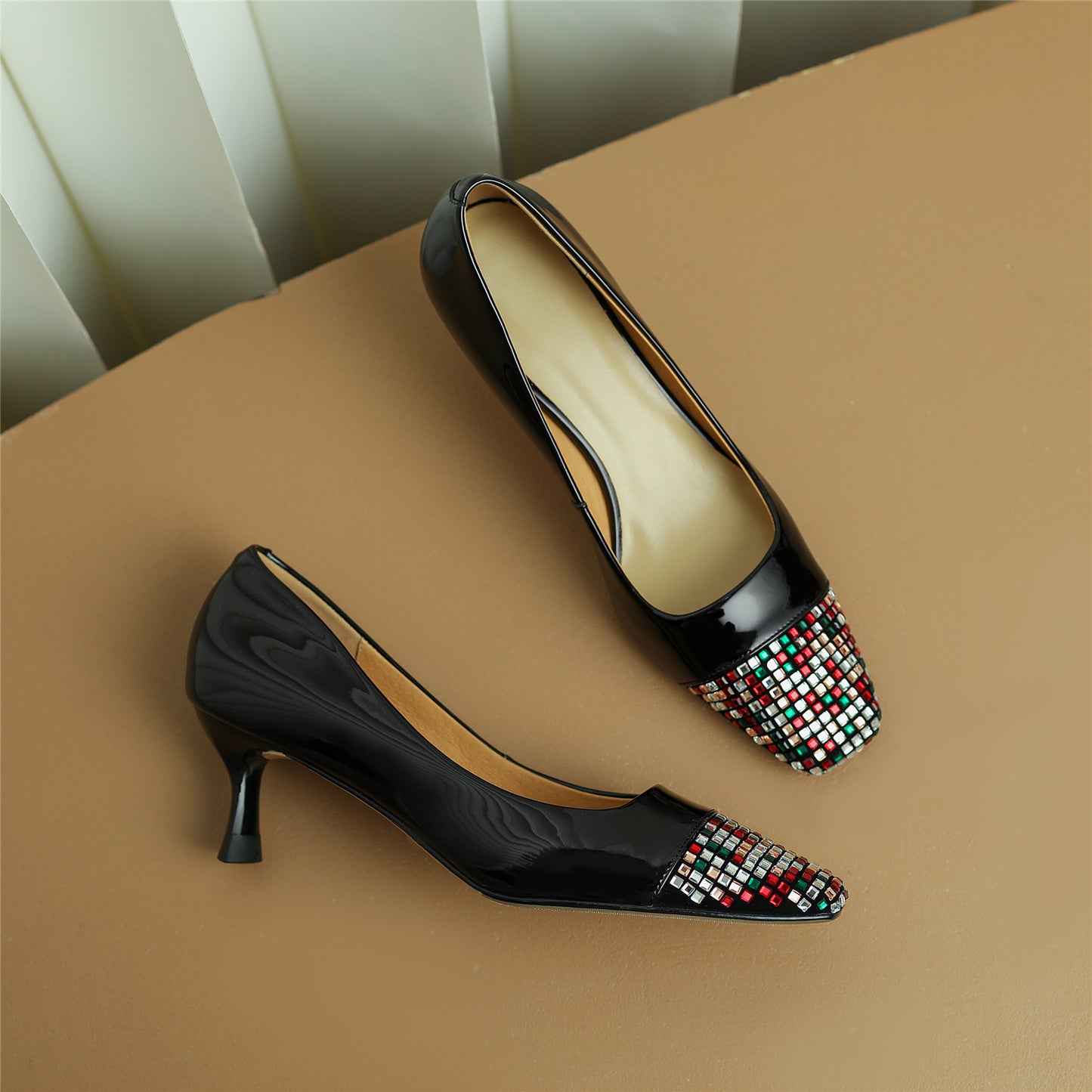 TinaCus Handmade Women's Genuine Leather Colorful Rhinestones Slip On Square Toe Low Kitten Heel Pumps Shoes