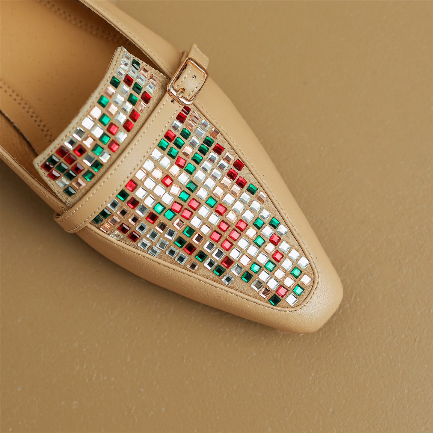 TinaCus Handmade Women's Genuine Leather Colorful Rhinestones Slip On Square Toe Flats Loafer Shoes