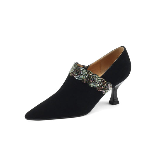 TinaCus Women's Suede Leather Handmade Pointed Toe Mid Spool Heel Stylish Delicate Décor Pumps