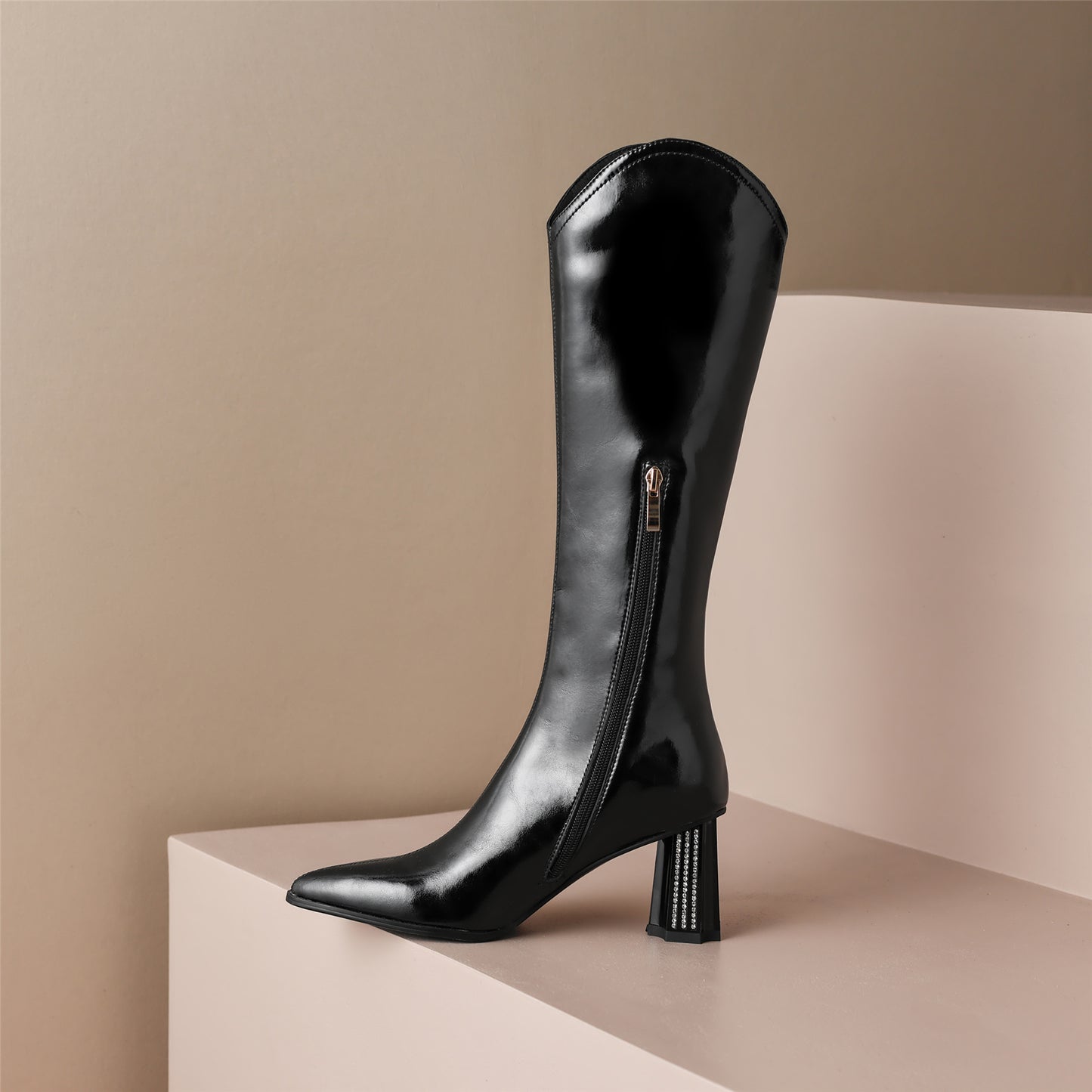 TinaCus Women's Genuine Leather Handmade Glitter ChunkyHeel Half Zip Knee High Boots