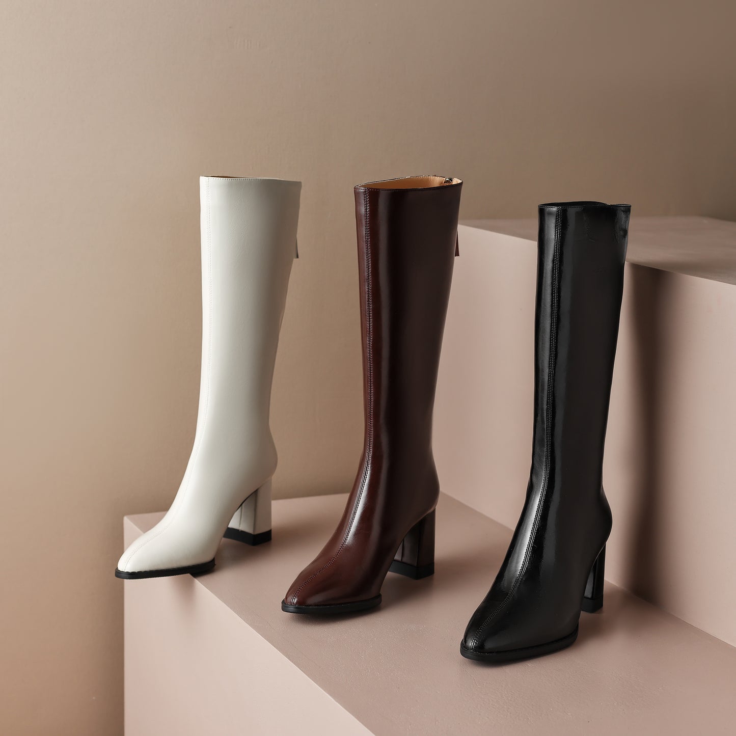 TinaCus Handmade Women's Genuine Leather Chunky Heel  Zip Up Knee High Boots