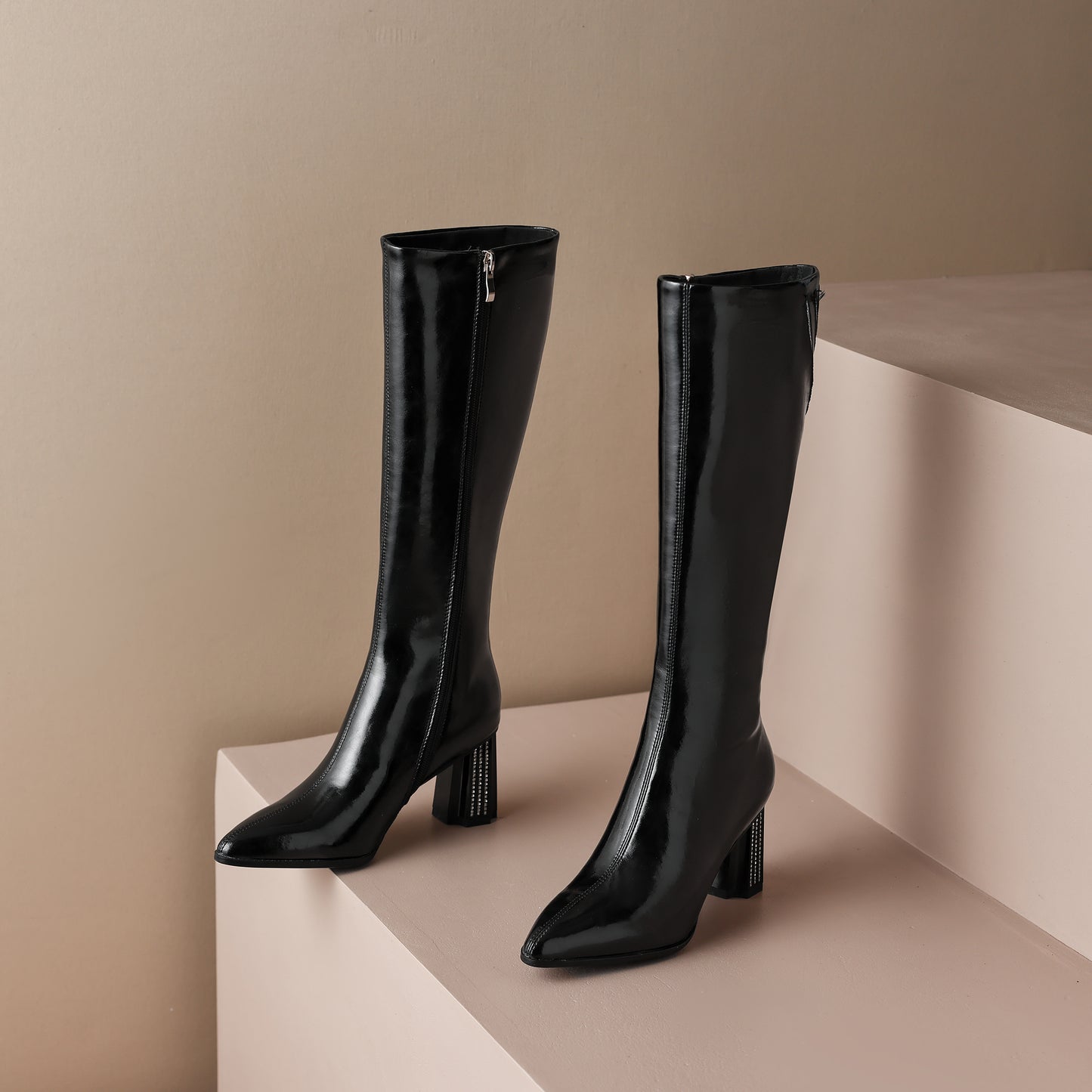 TinaCus Handmade Women's Genuine Leather Glitter Rhinestone Easy Side Zip Knee High Boots