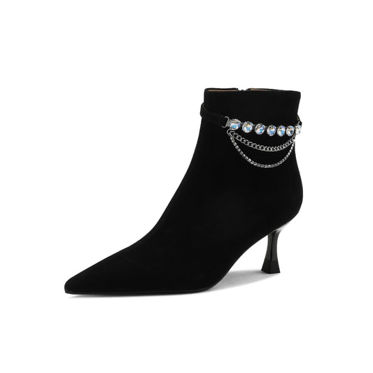 TinaCus Women's Genuine Leather Handmade Side Zip Up Crystal Chain Decor Pointed Toe Kitten Heel Ankle Boots