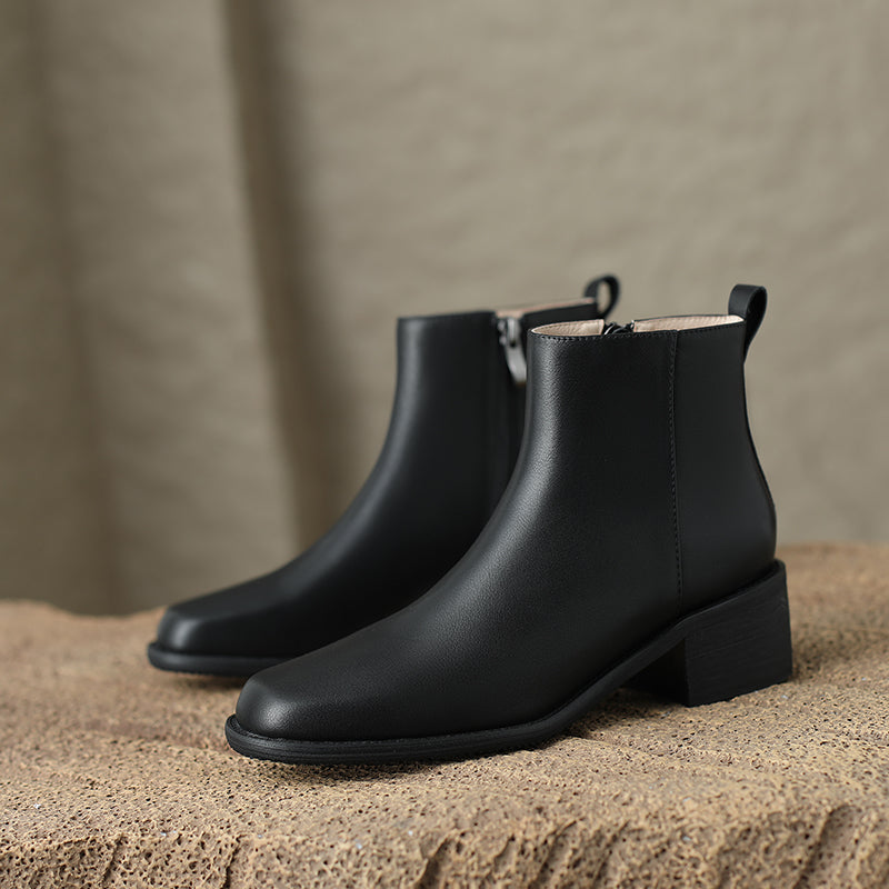 TinaCus Women's Handmade Genuine Leather Block Heel Side Zip Ankle Boots