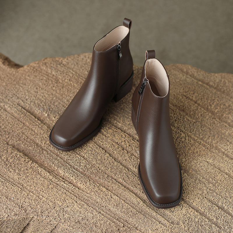 TinaCus Women's Handmade Genuine Leather Block Heel Side Zip Ankle Boots