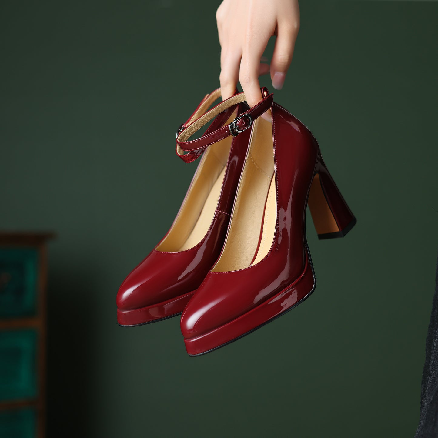 TinaCus Handmade Women's Genuine/Suede Leather Pointed Toe Ankle Strap High Block Heel Pumps Shoes with Platform