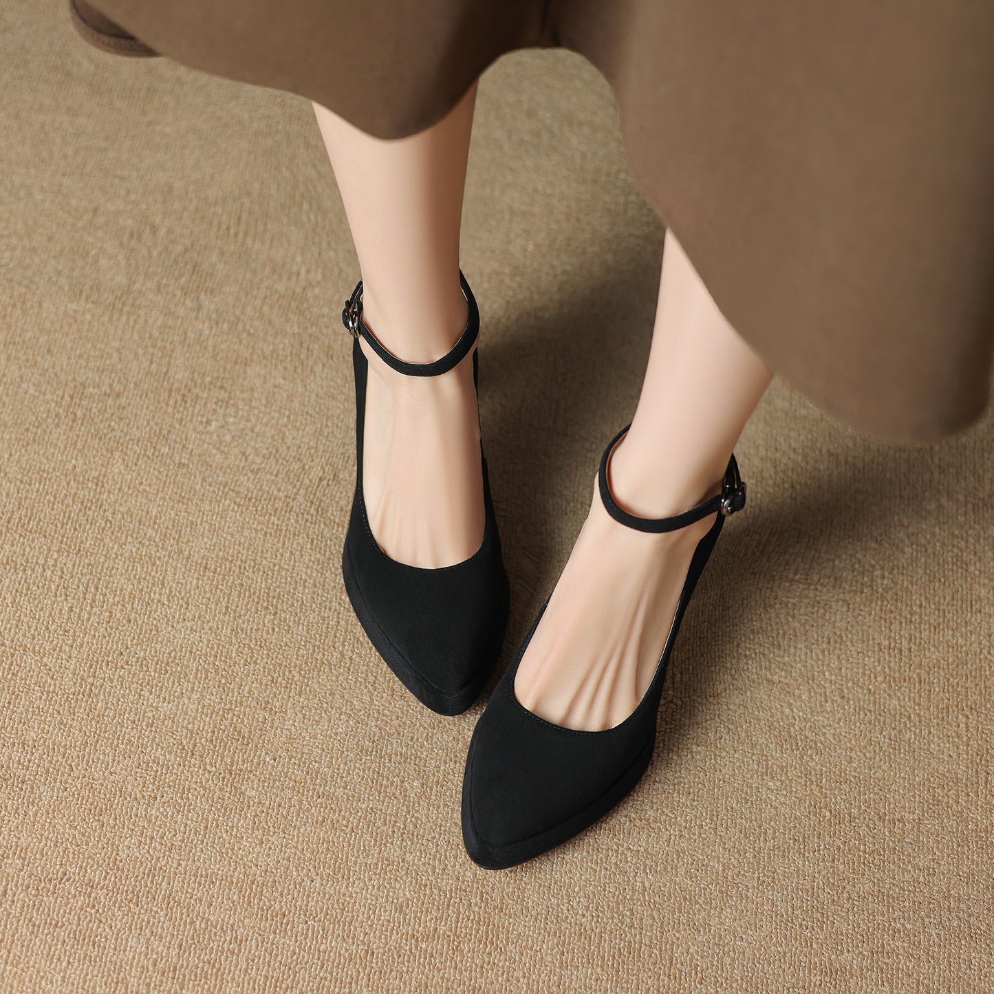 TinaCus Handmade Women's Genuine/Suede Leather Pointed Toe Ankle Strap High Block Heel Pumps Shoes with Platform