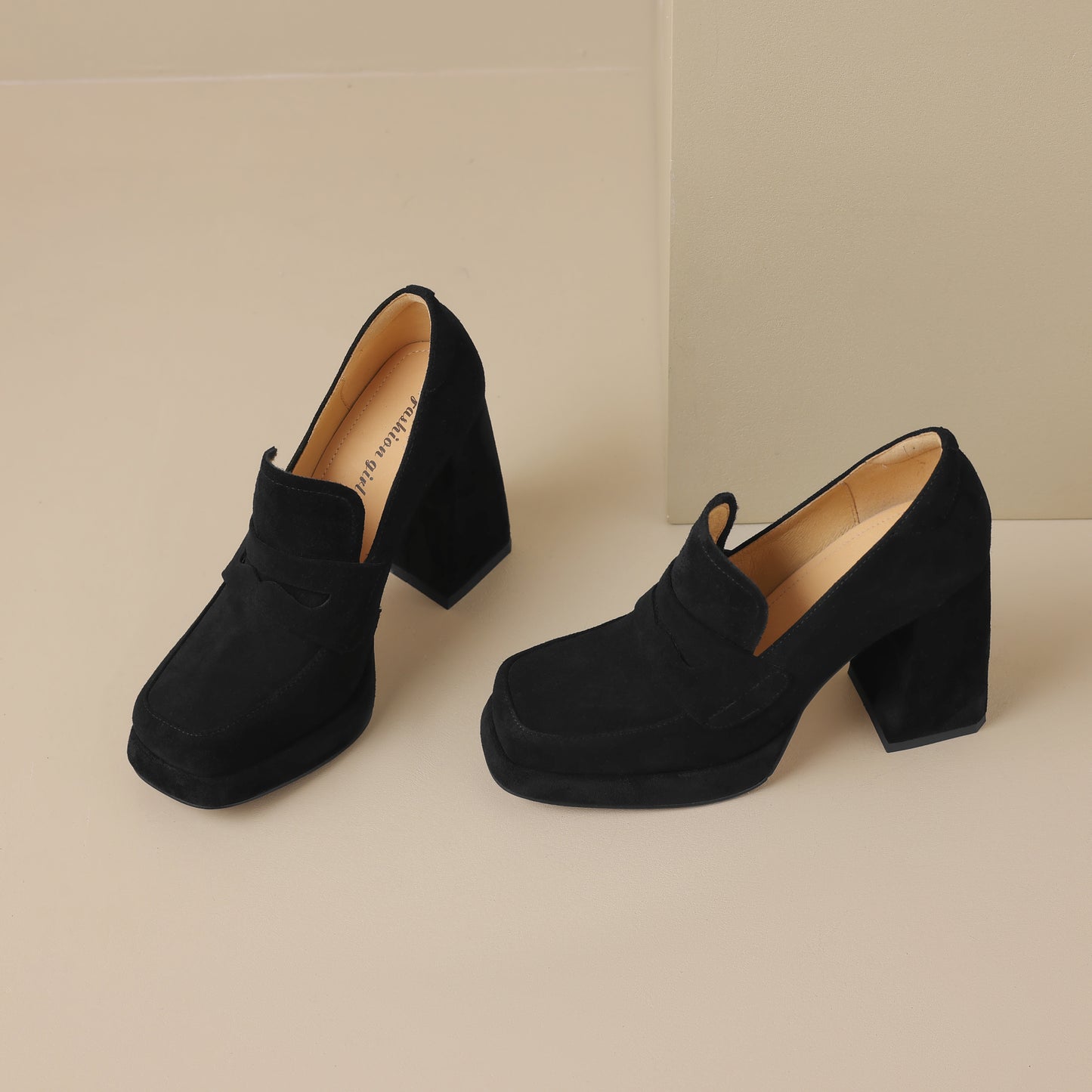 TinaCus Handmade Women's Genuine/Suede Leather Square Toe Slip On High Block Heel Loafer Shoes with Platform