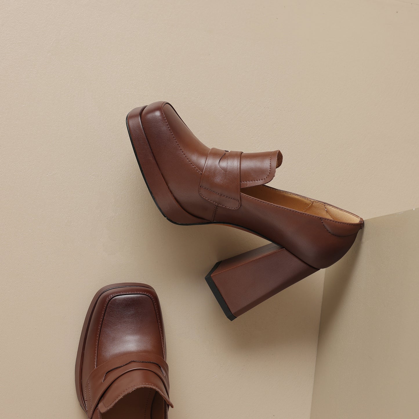 TinaCus Handmade Women's Genuine/Suede Leather Square Toe Slip On High Block Heel Loafer Shoes with Platform