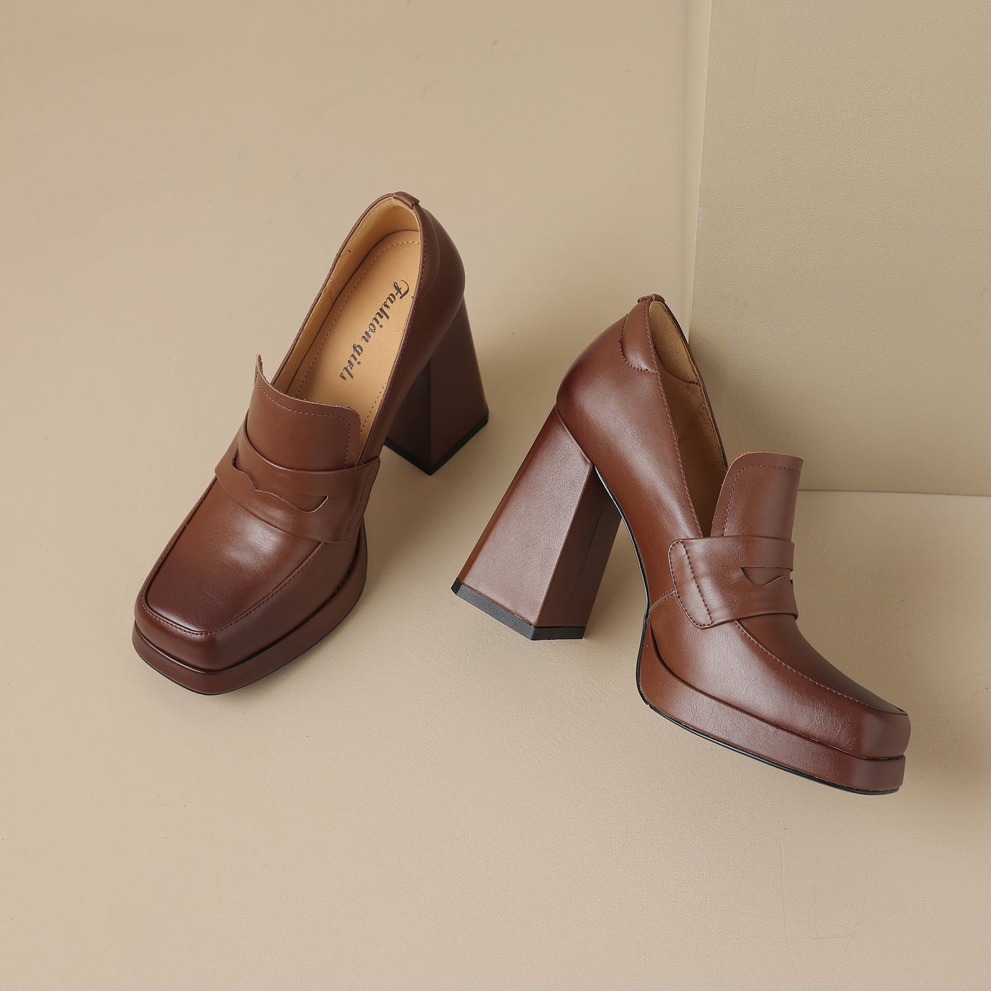 TinaCus Handmade Women's Genuine/Suede Leather Square Toe Slip On High Block Heel Loafer Shoes with Platform