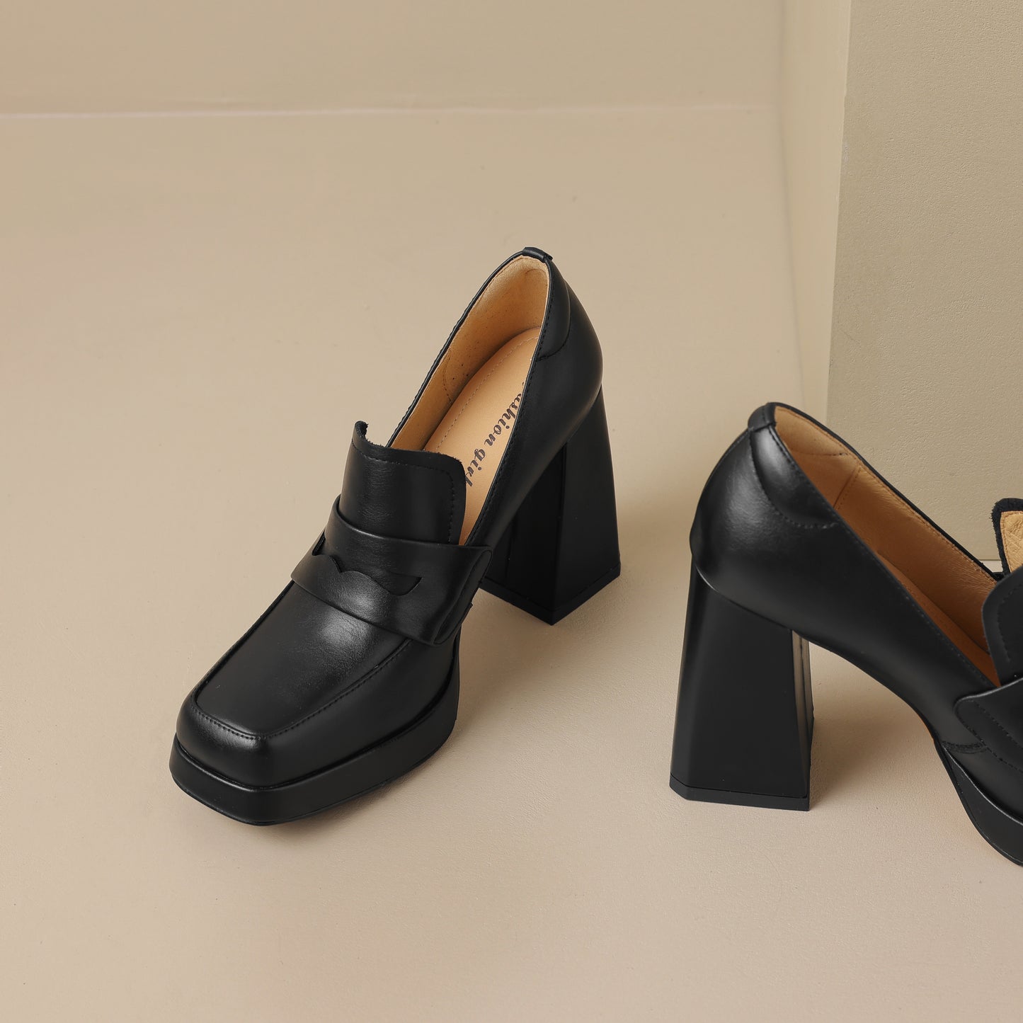 TinaCus Handmade Women's Genuine/Suede Leather Square Toe Slip On High Block Heel Loafer Shoes with Platform