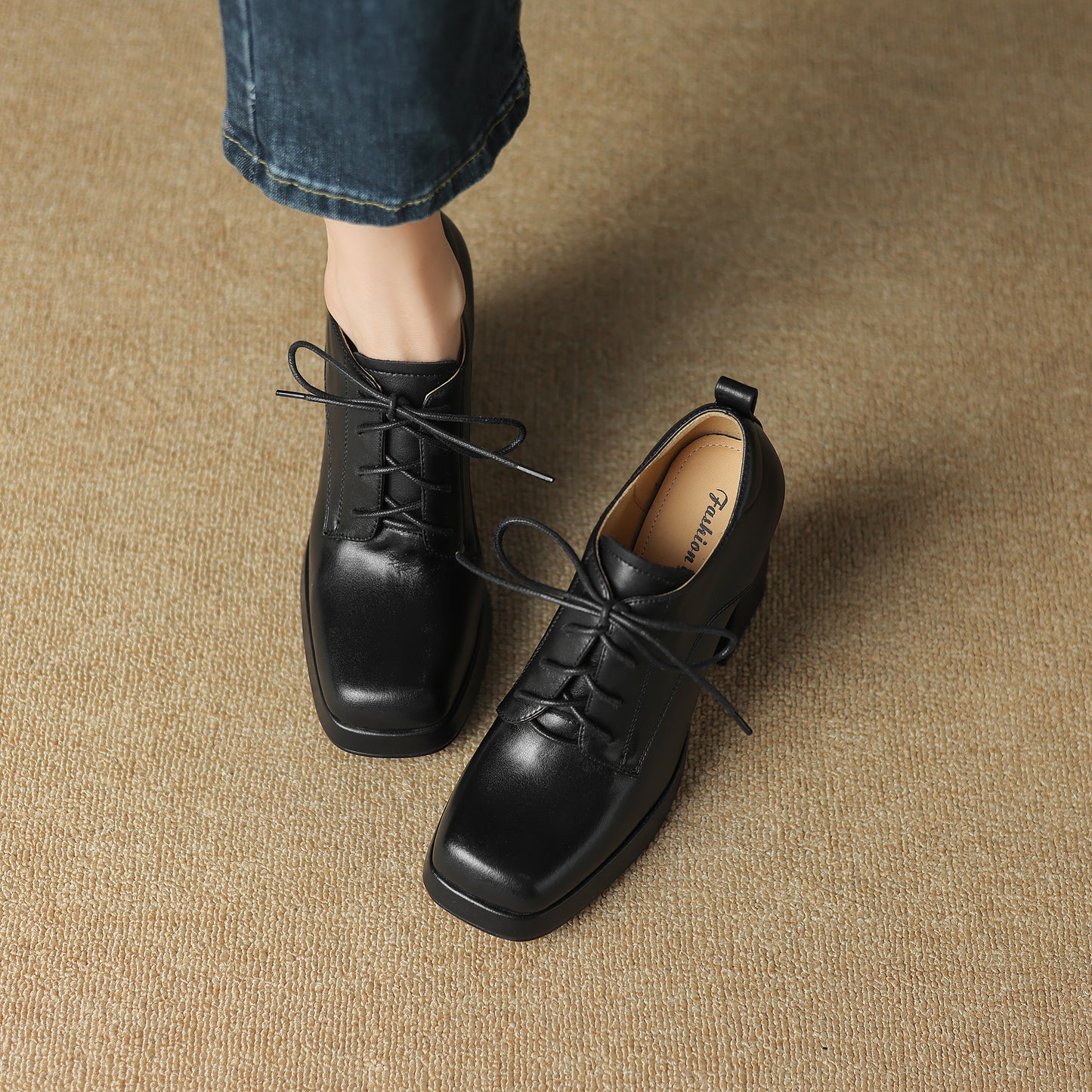 TinaCus Handmade Women's Genuine/Suede Leather Square Toe Lace Up High Block Heel Oxford Shoes with Platform