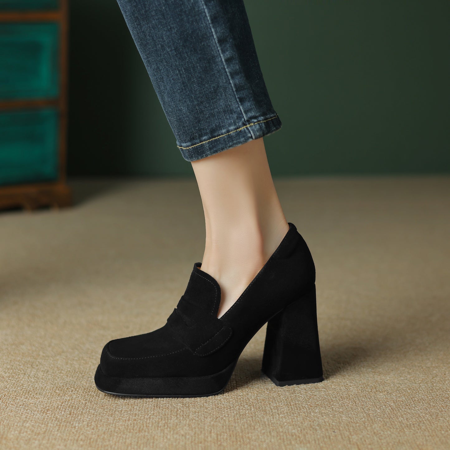 TinaCus Handmade Women's Genuine/Suede Leather Square Toe Slip On High Block Heel Loafer Shoes with Platform