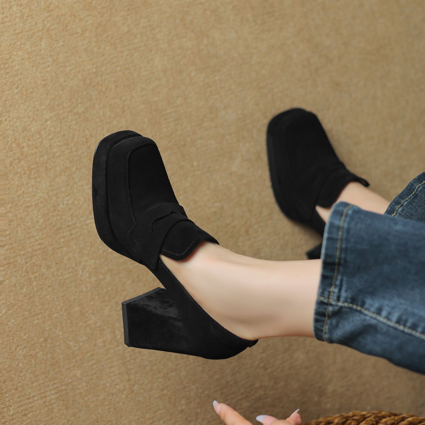 TinaCus Handmade Women's Genuine/Suede Leather Square Toe Slip On High Block Heel Loafer Shoes with Platform