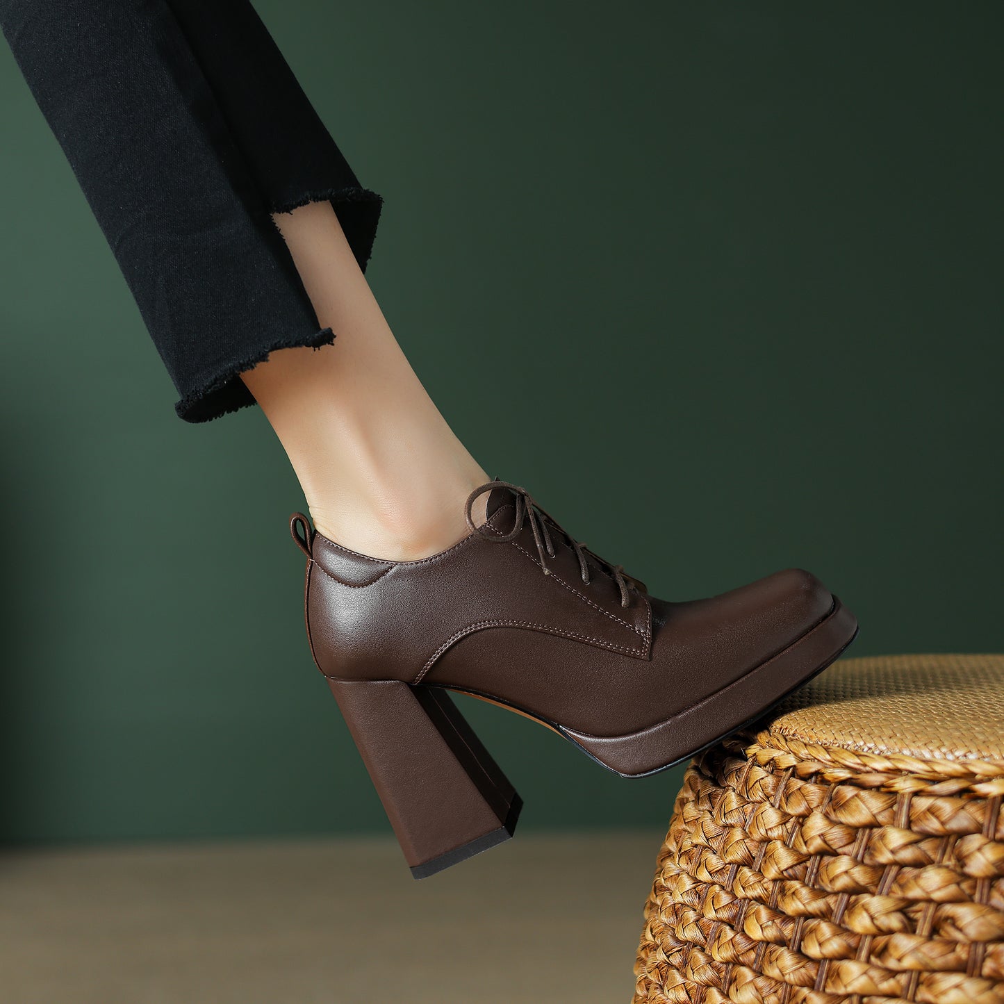 TinaCus Handmade Women's Genuine/Suede Leather Square Toe Lace Up High Block Heel Oxford Shoes with Platform