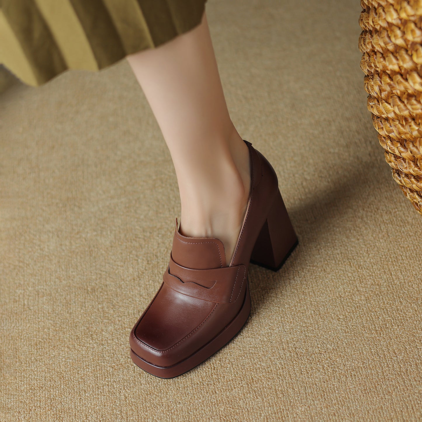 TinaCus Handmade Women's Genuine/Suede Leather Square Toe Slip On High Block Heel Loafer Shoes with Platform