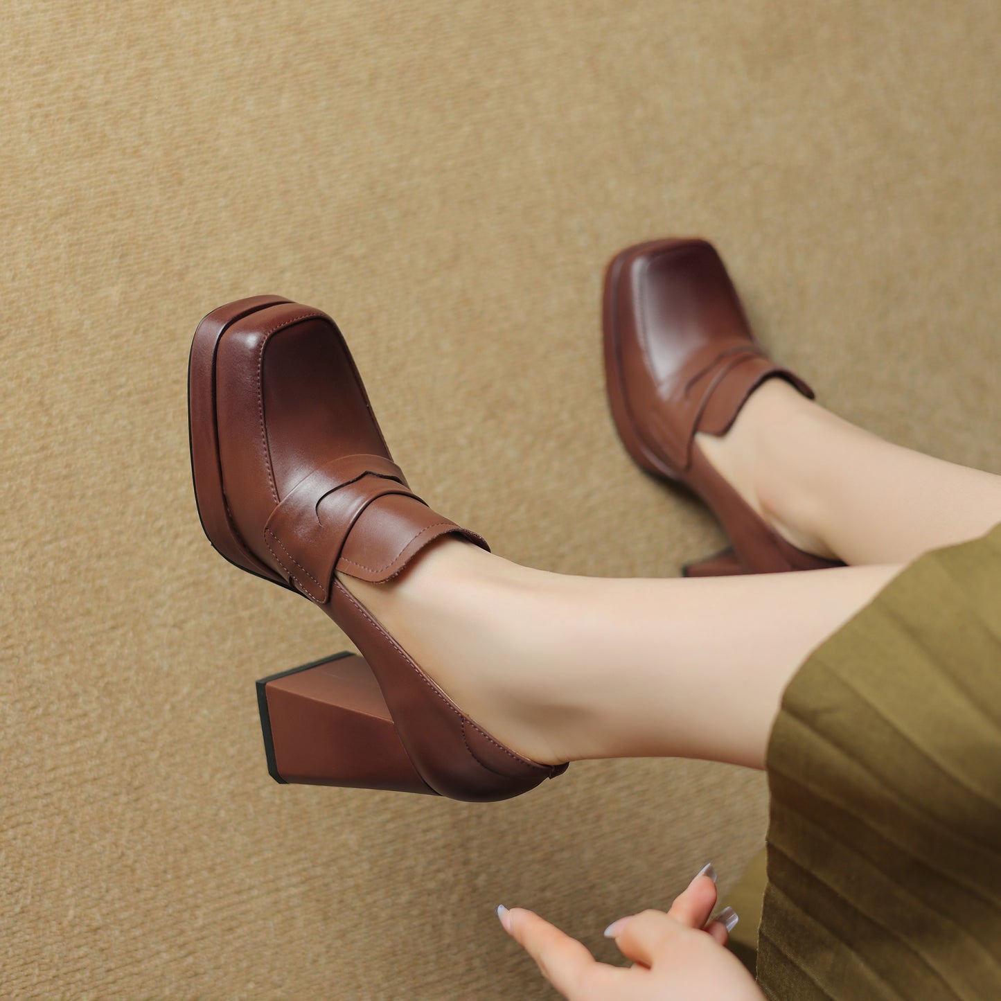 TinaCus Handmade Women's Genuine/Suede Leather Square Toe Slip On High Block Heel Loafer Shoes with Platform