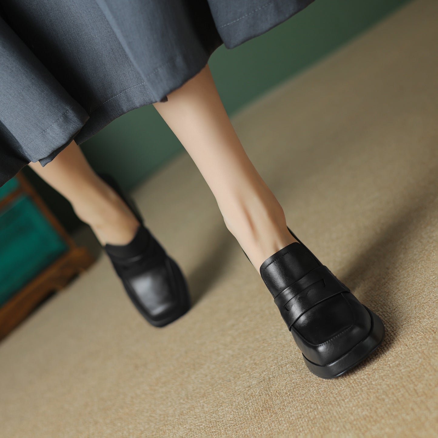 TinaCus Handmade Women's Genuine/Suede Leather Square Toe Slip On High Block Heel Loafer Shoes with Platform