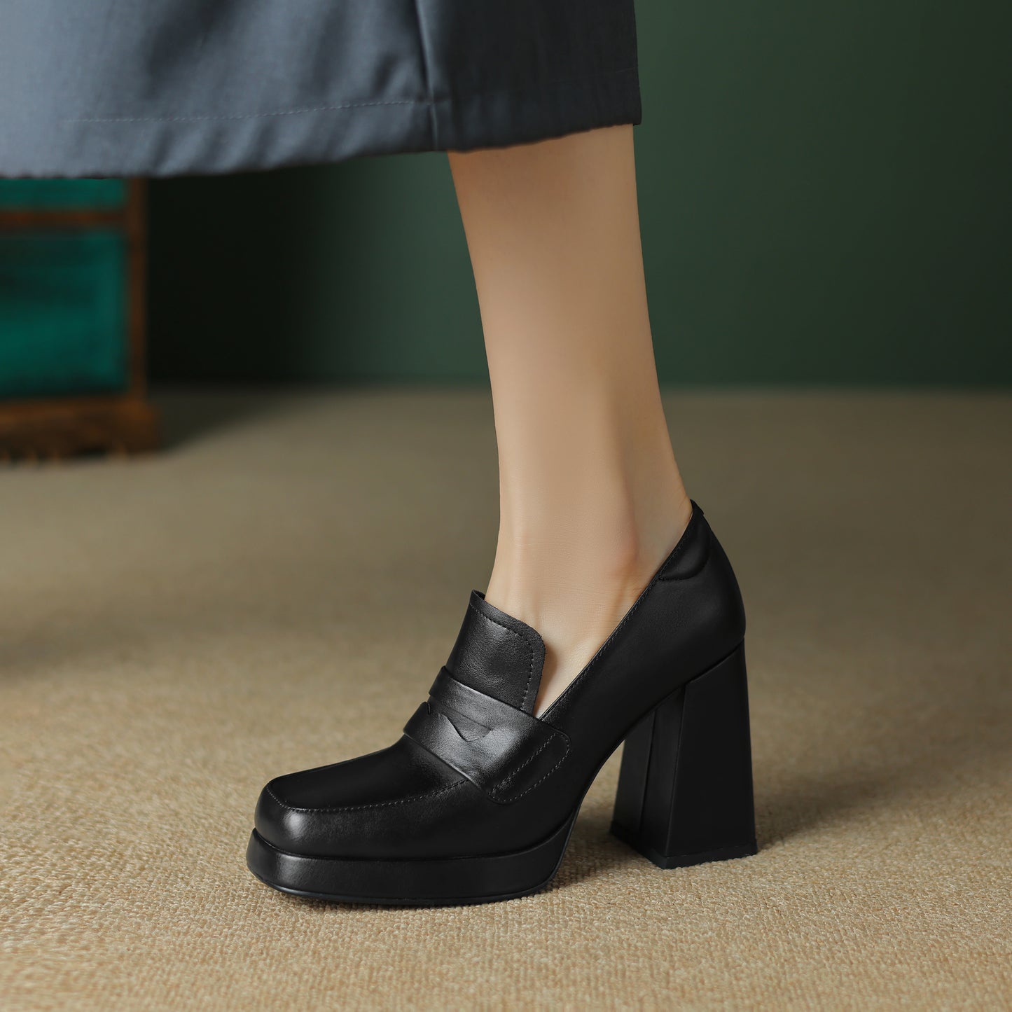 TinaCus Handmade Women's Genuine/Suede Leather Square Toe Slip On High Block Heel Loafer Shoes with Platform