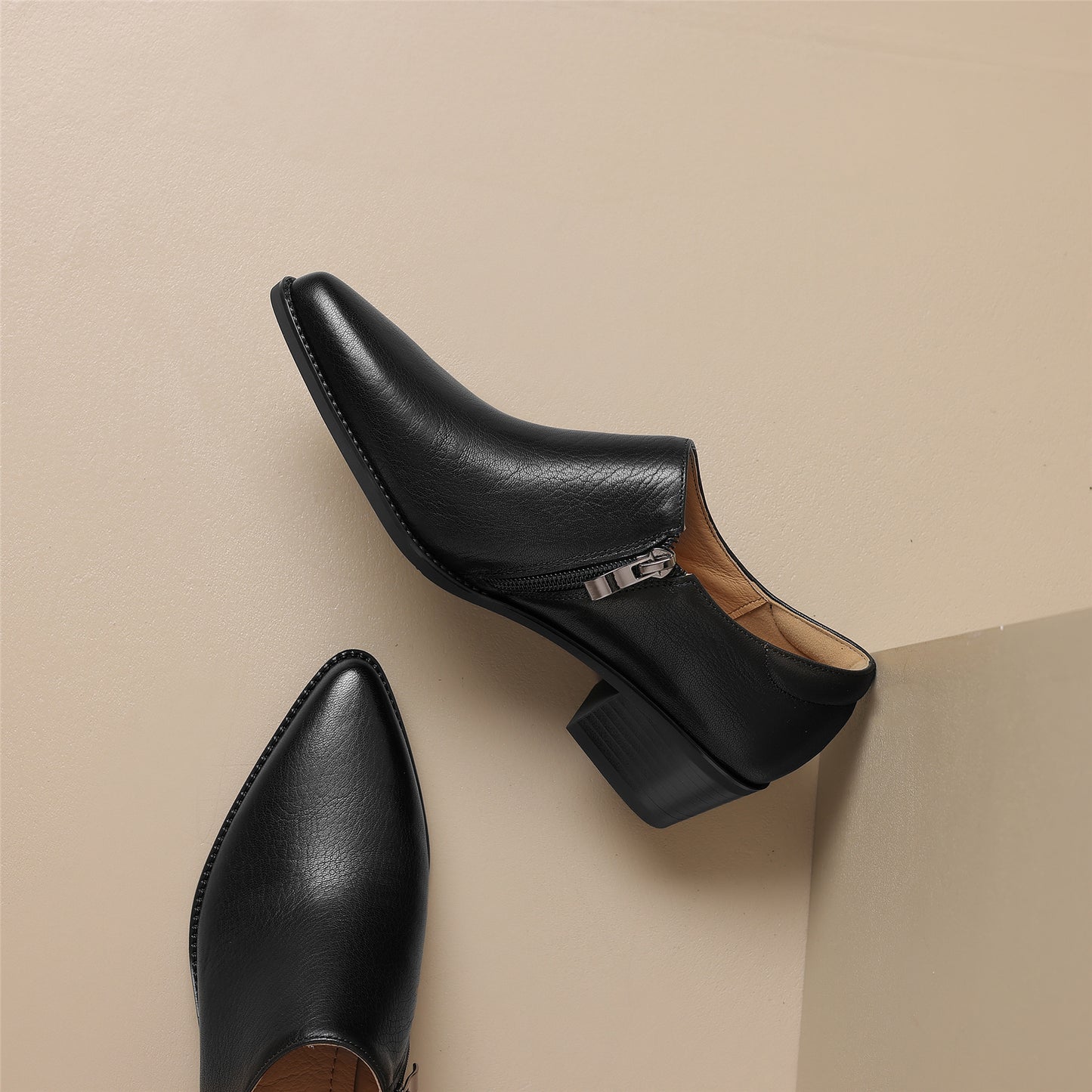 TinaCus Women's Handmade Genuine Leather Pointed Toe Zip Up Block Heel Pumps