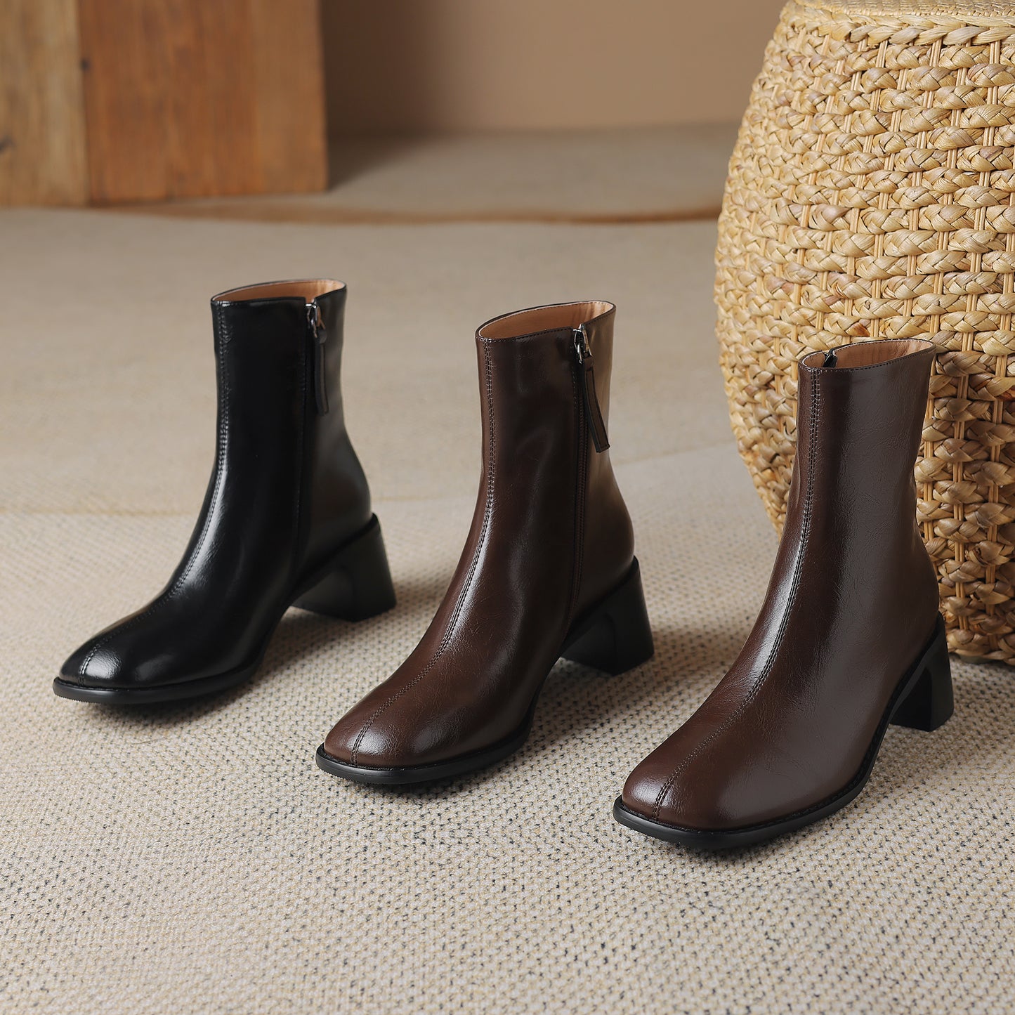 TinaCus Women's Genuine Leather Handmade Chunky Heel Zip Up Square Toe Mid Calf Boots