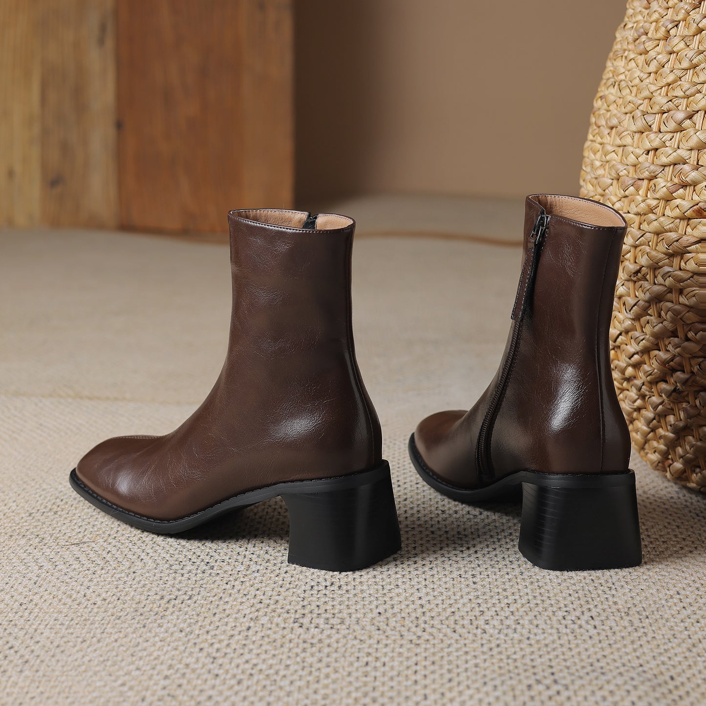 TinaCus Women's Genuine Leather Handmade Chunky Heel Zip Up Square Toe Mid Calf Boots