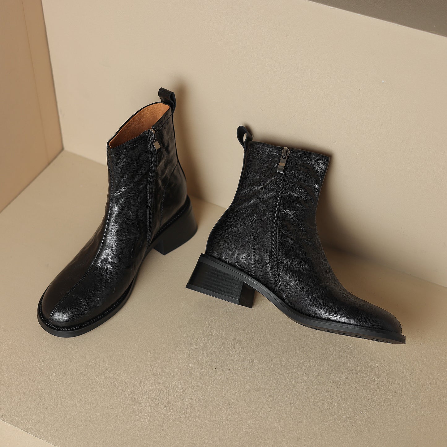 TinaCus Side Zip Up Women's Genuine Leather Block Heel Handmade Ankle Boots