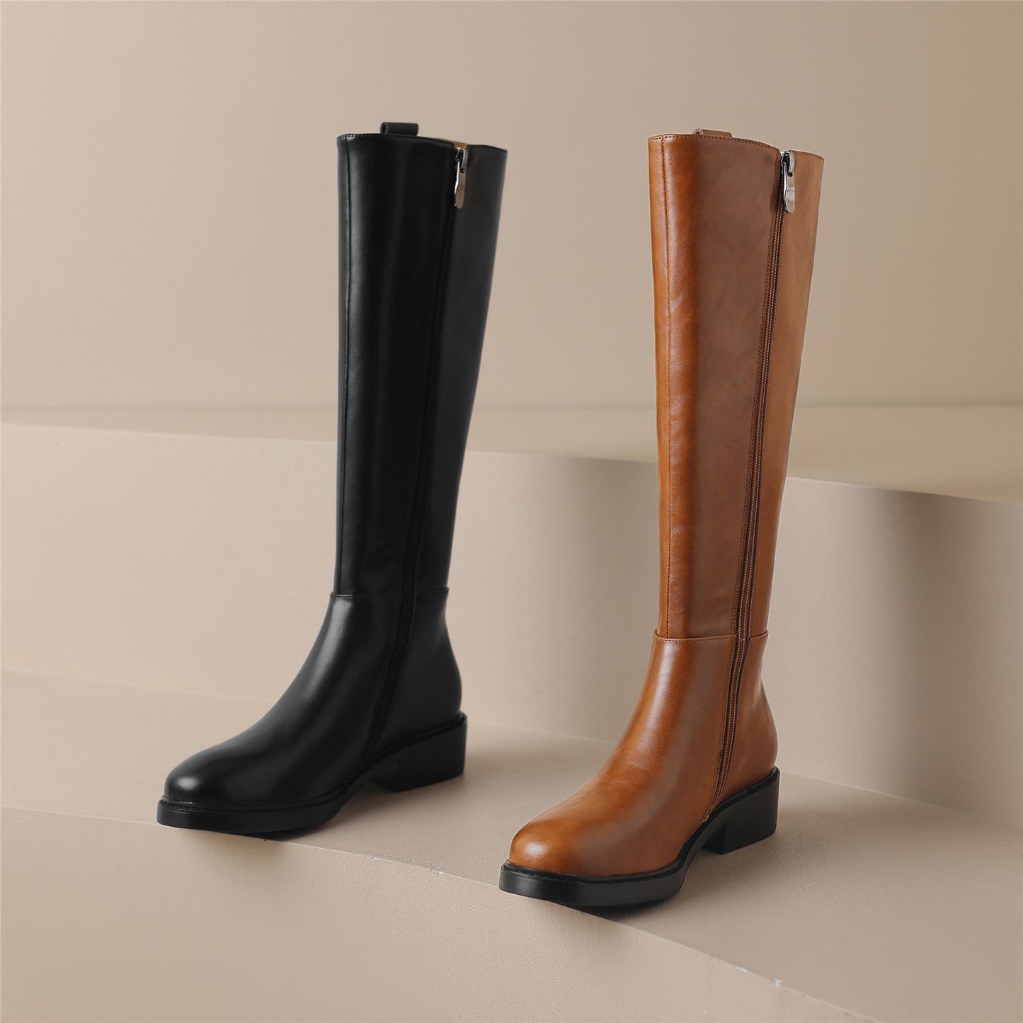 TinaCus Genuine Leather Women's Round Toe Side Zip Up Handmade Low Heel Weave Design Knee High Boots