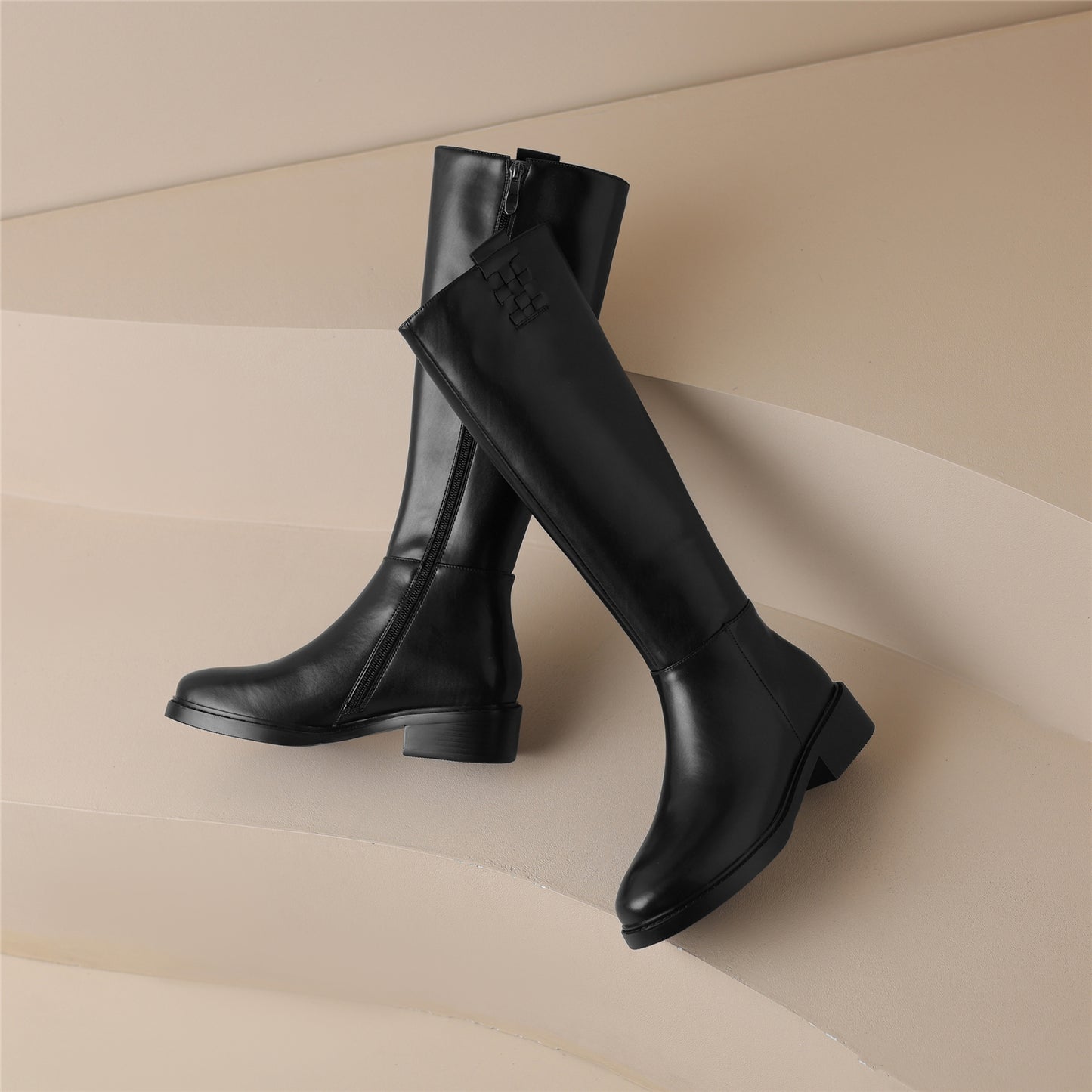 TinaCus Genuine Leather Women's Round Toe Side Zip Up Handmade Low Heel Weave Design Knee High Boots