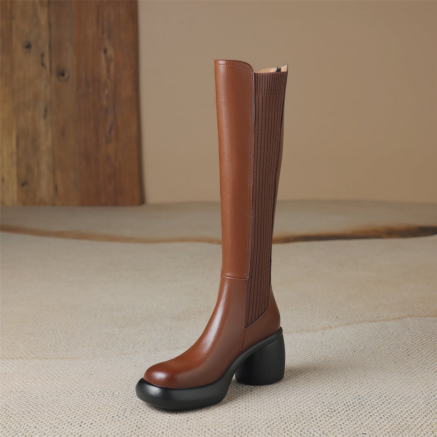 TinaCus Women's Round Toe Genuine Leather Handmade Block Heel Back Zip Knee High Boots