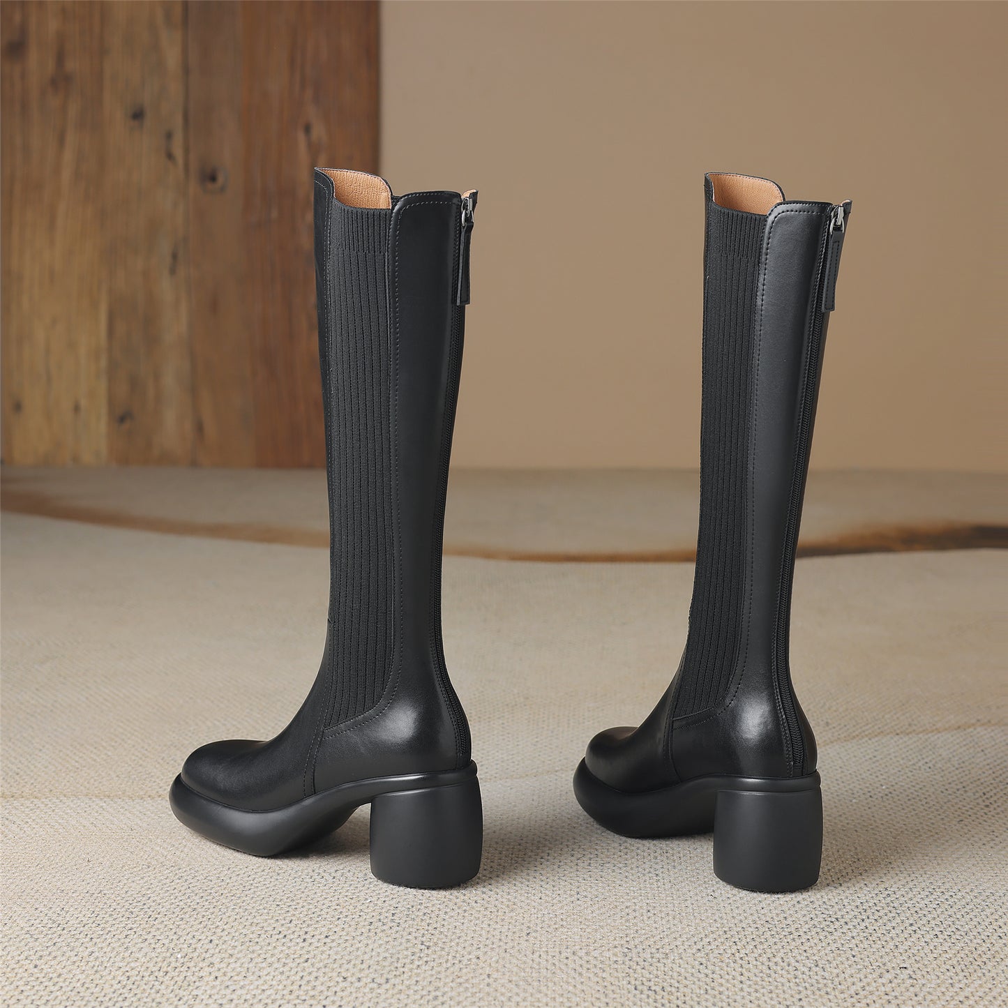 TinaCus Women's Round Toe Genuine Leather Handmade Block Heel Back Zip Knee High Boots
