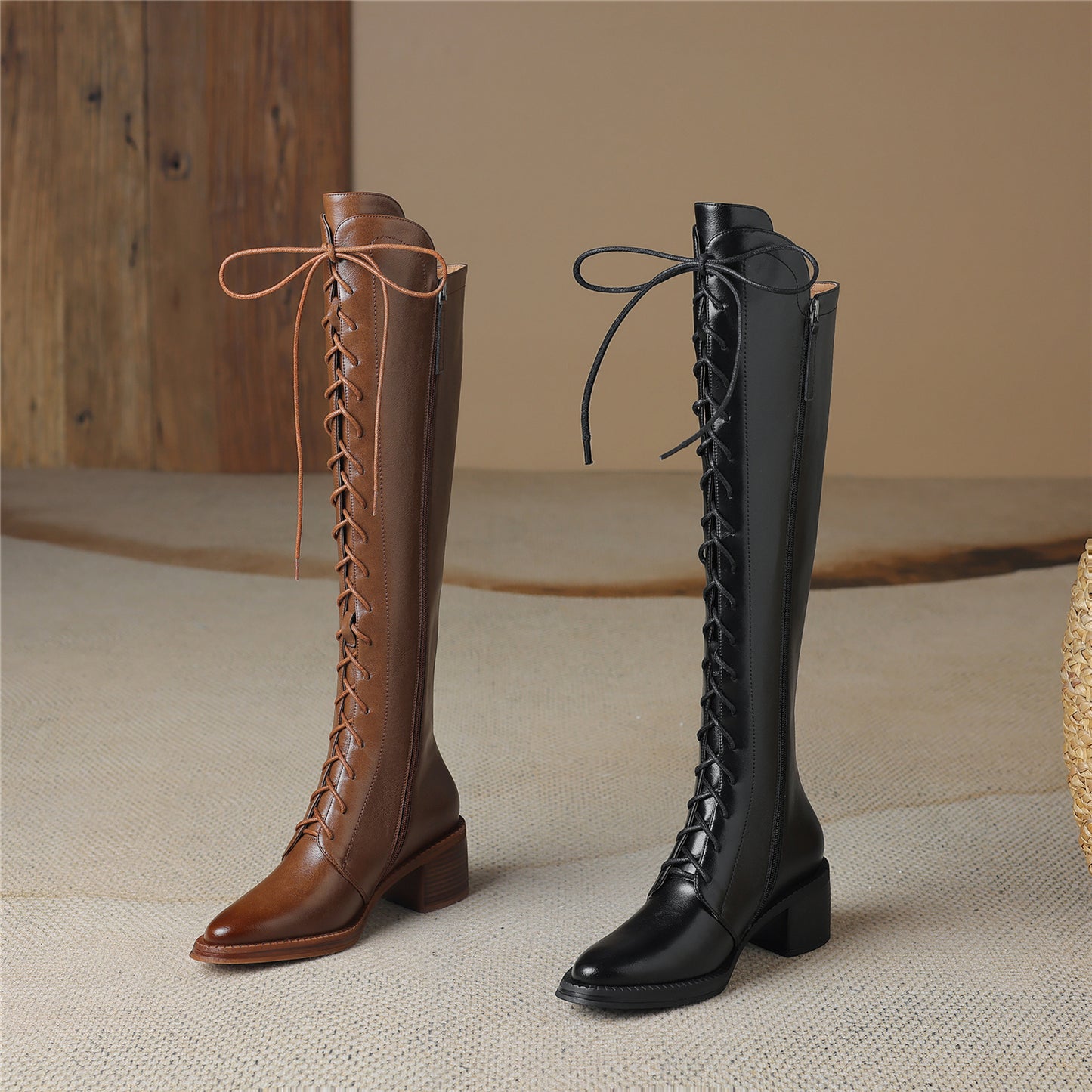 TinaCus Genuine Leather Women's Front Band Pointed Toe Handmade Chunky Heel Zip Up Knee High Boots