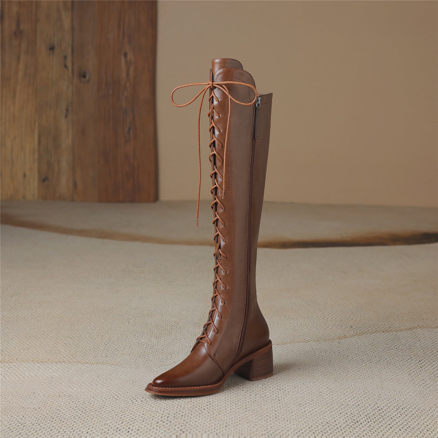 TinaCus Genuine Leather Women's Front Band Pointed Toe Handmade Chunky Heel Zip Up Knee High Boots