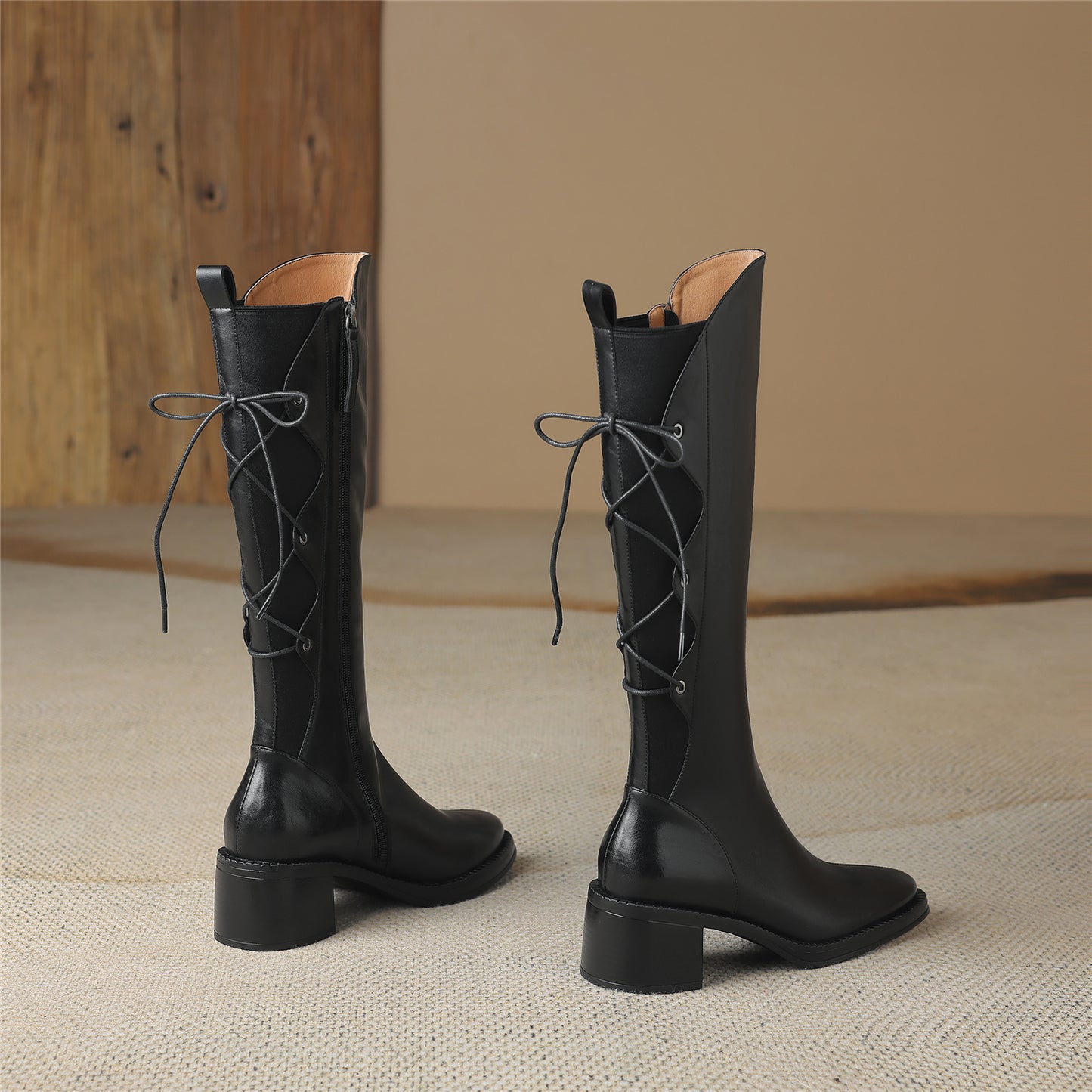 TinaCus Genuine Leather Women's Band Design Pointed Toe Handmade Chunky Heel Zip Up Knee High Boots