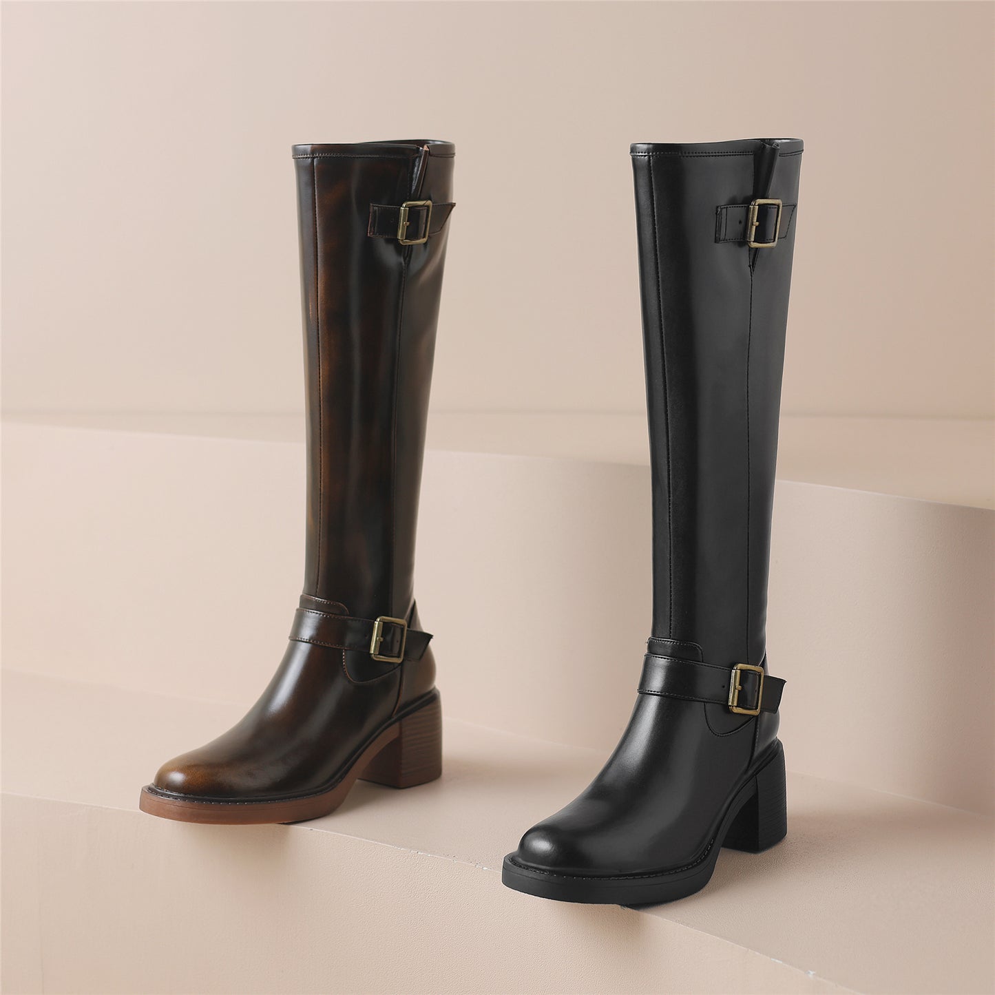TinaCus Genuine Leather Modern Buckles Women's Round Toe Side Zip Up Handmade Chunky Heel Knee High Boots