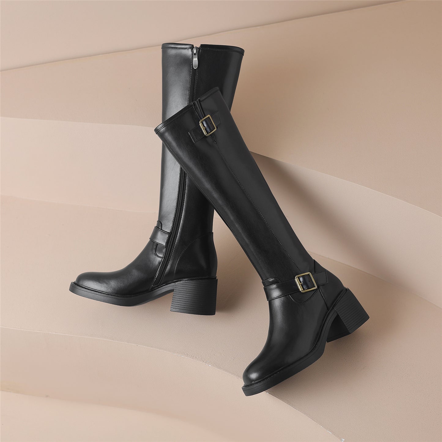 TinaCus Genuine Leather Modern Buckles Women's Round Toe Side Zip Up Handmade Chunky Heel Knee High Boots