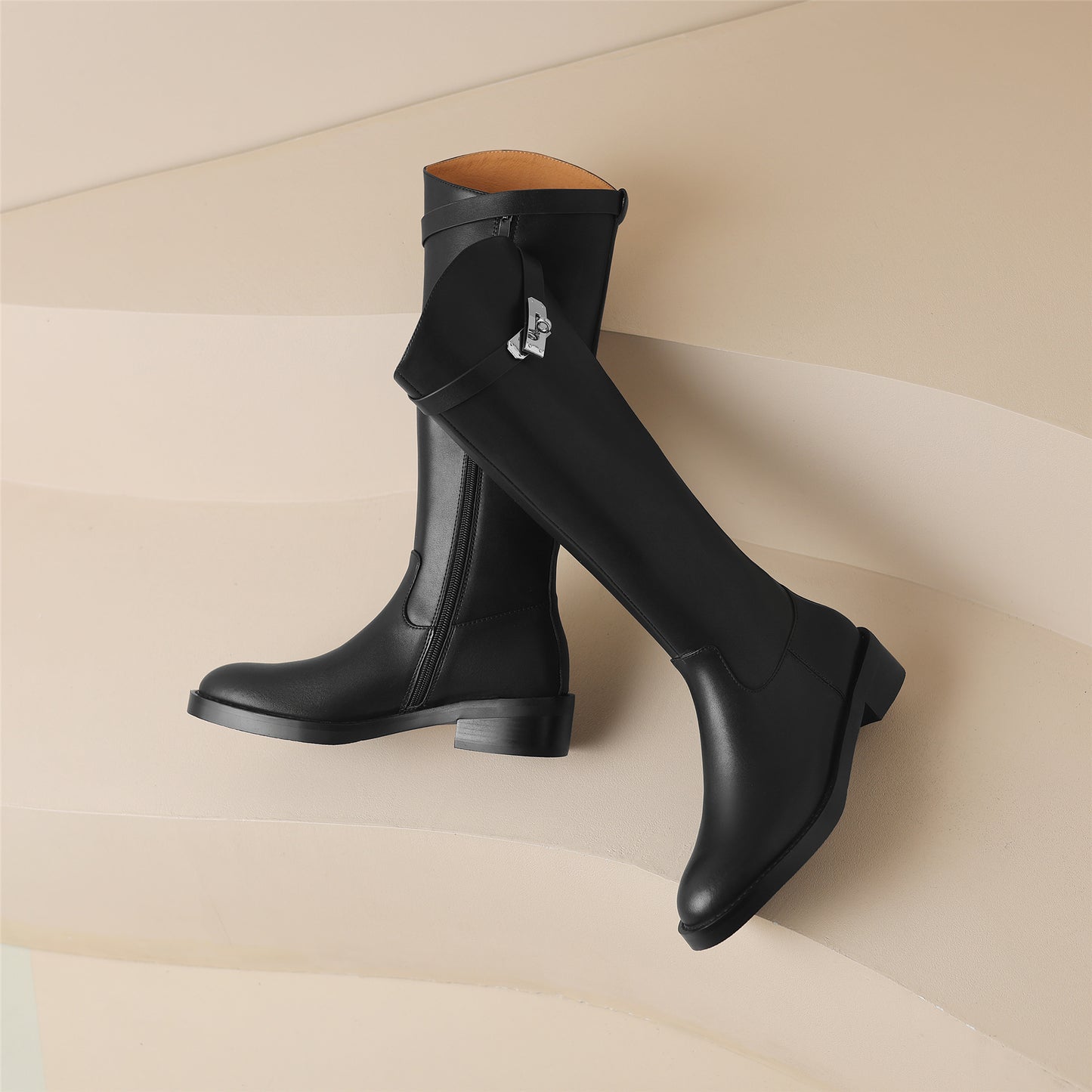 TinaCus Women's Round Toe Genuine Leather Handmade Chunky Heel Modern Buckle Side Zip Knee High Boots