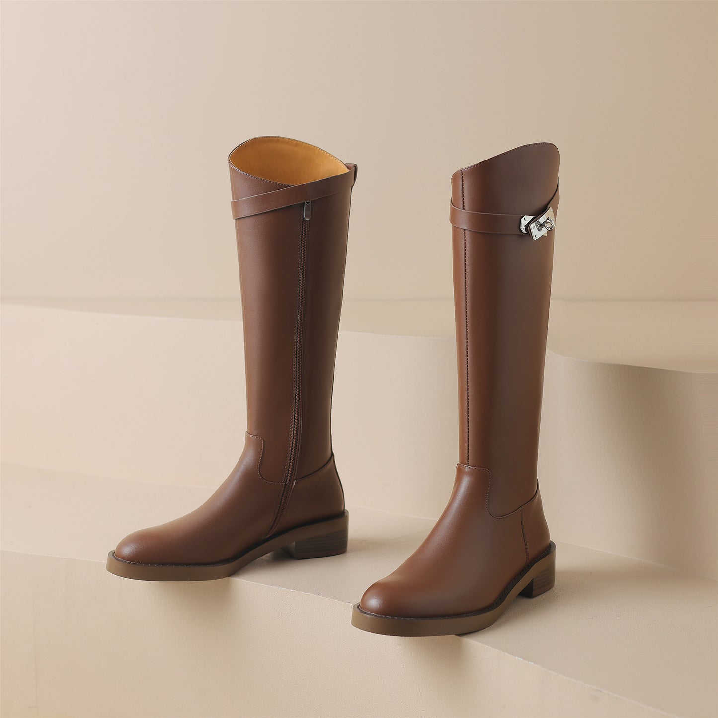 TinaCus Women's Round Toe Genuine Leather Handmade Chunky Heel Modern Buckle Side Zip Knee High Boots