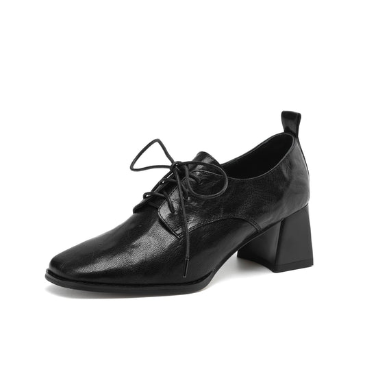 TinaCus Women's Genuine Leather Square Toe Handmade Lace Up Oxford Pumps