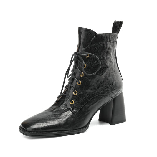 TinaCus Women's Genuine Leather Lace Up Side Zip Square Toe Handmade Chunky Heel Ankle  Boots