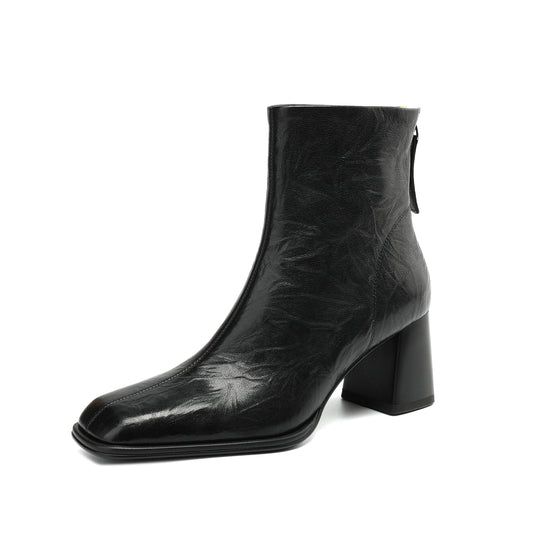 TinaCus Women's Genuine Leather Square Toe Handmade Chunky Heel Back Zip Up Ankle Boots