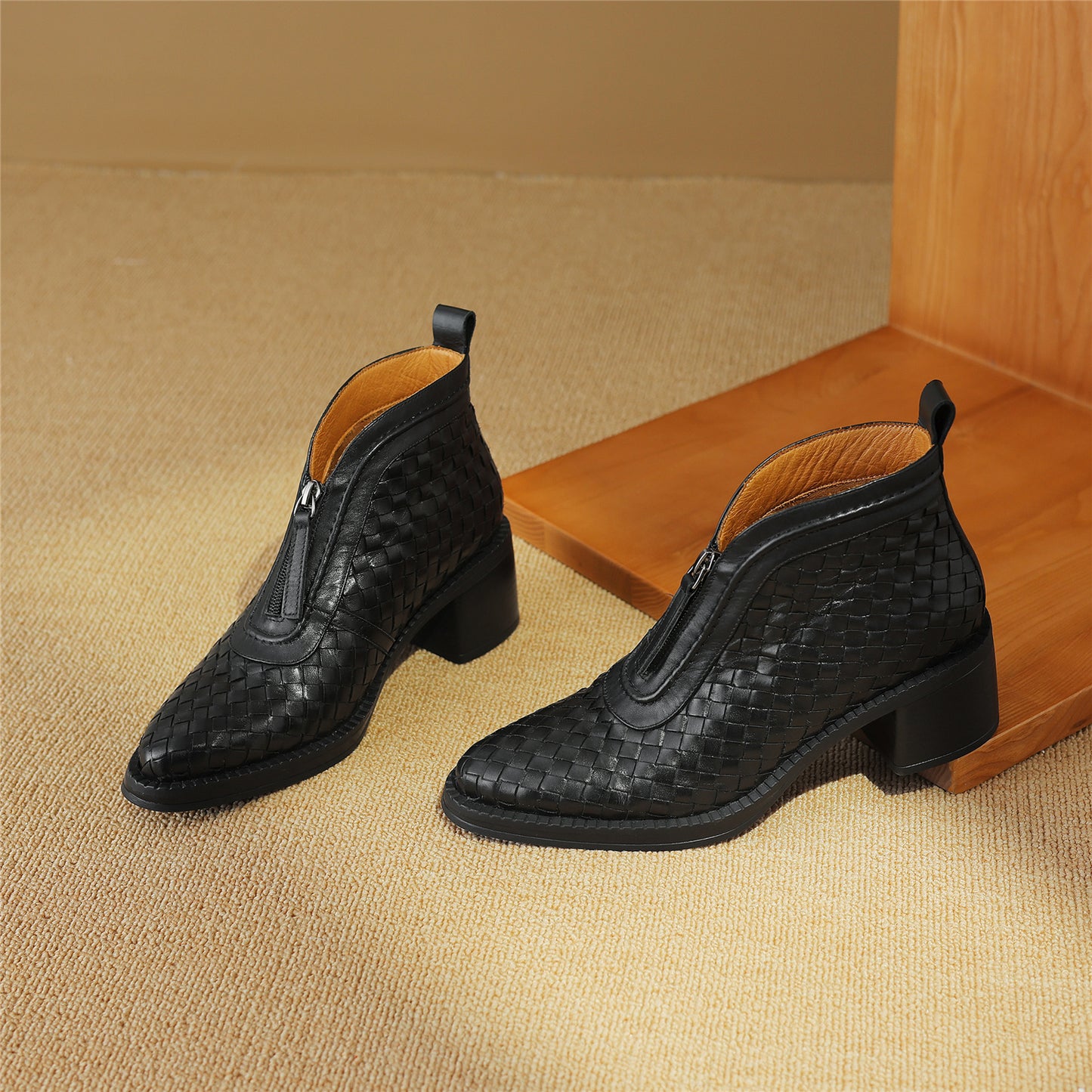 TinaCus Women's Genuine Leather Handmade Front Zip Up Block Heel Ankle Boots