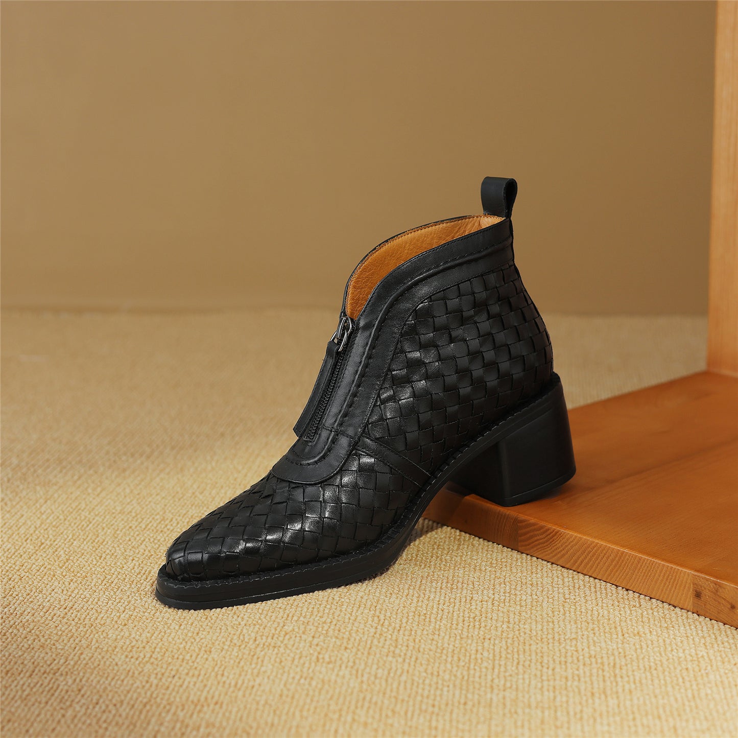 TinaCus Women's Genuine Leather Handmade Front Zip Up Block Heel Ankle Boots