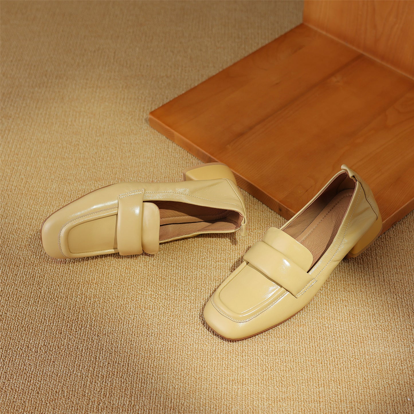 TinaCus Handmade Genuine Leather Women's Square Toe Slip On Chunky Heel Pumps Shoes
