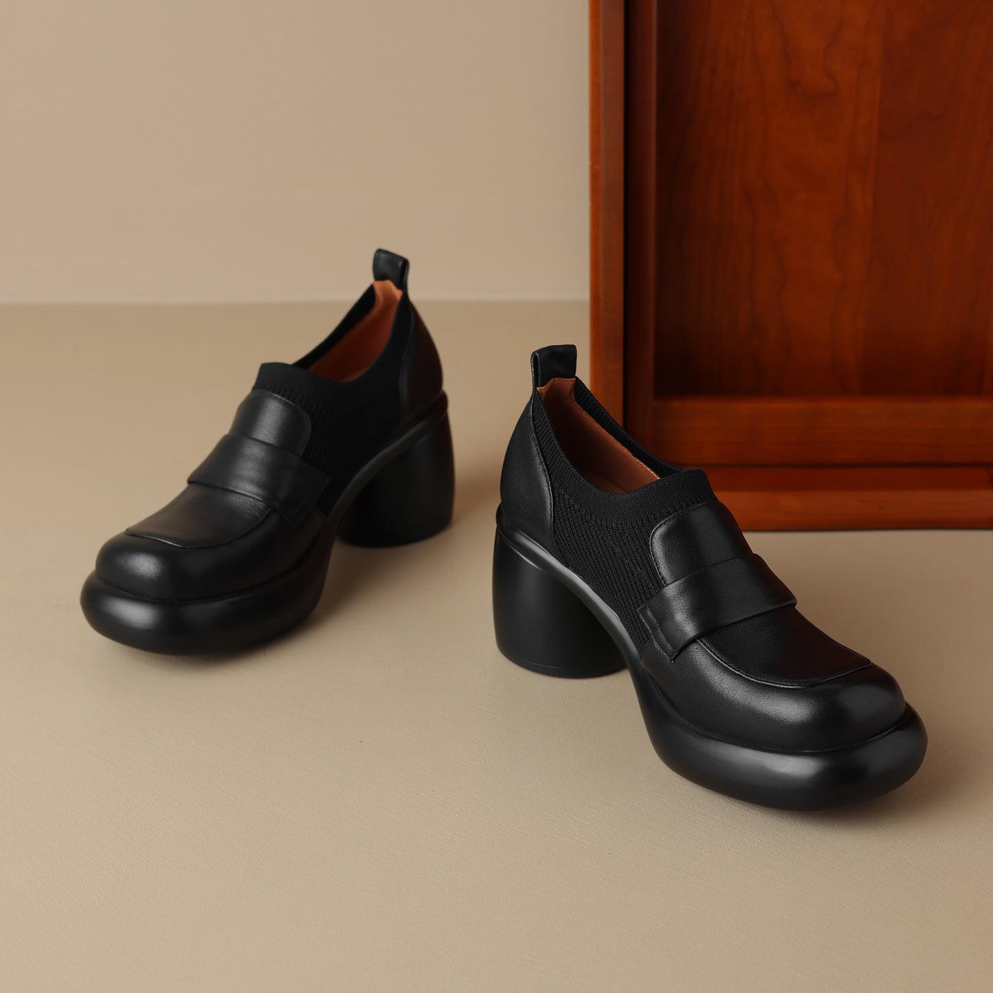 TinaCus Women's Handmade Chunky Heel Genuine Leather Round Toe Pumps Shoes