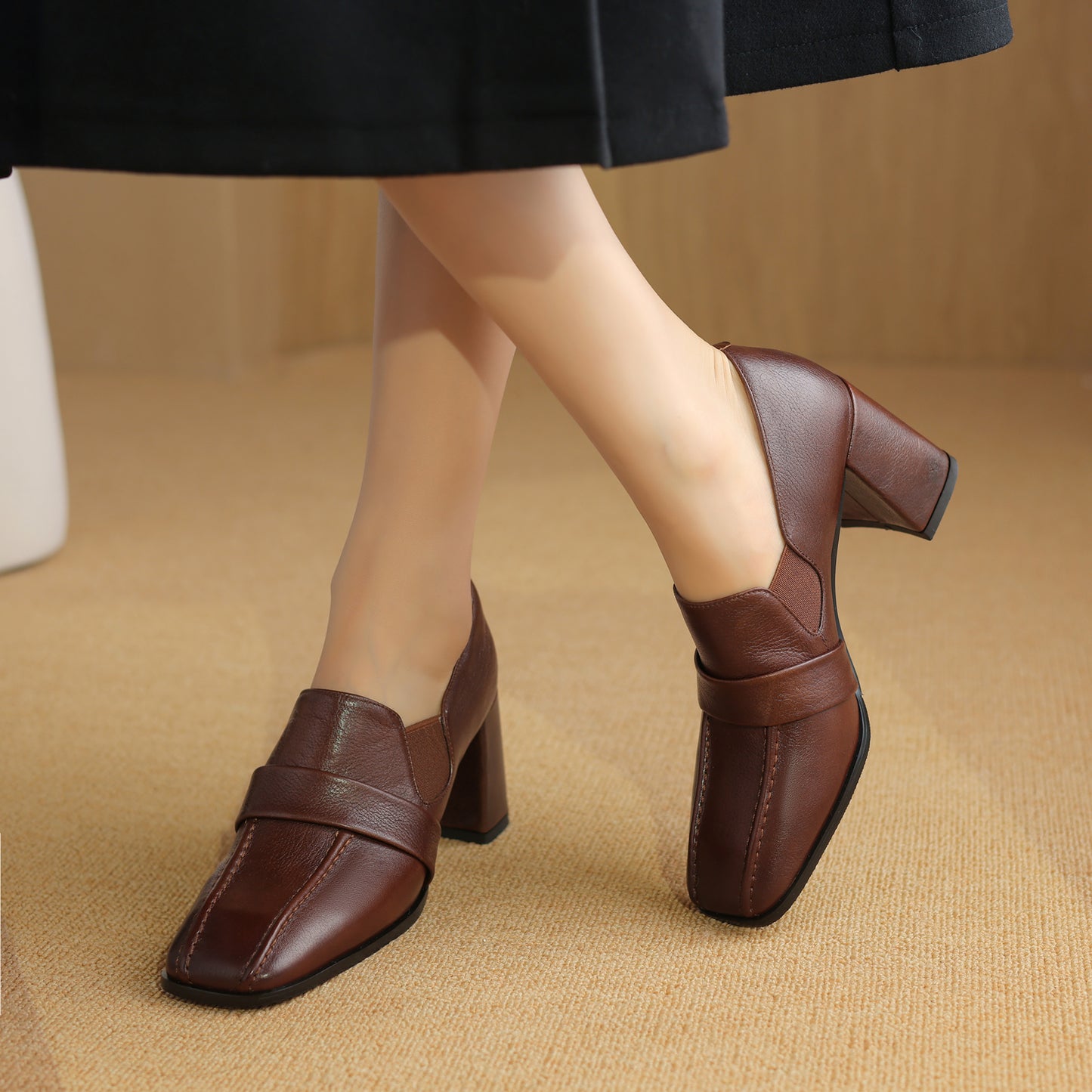 TinaCus Women's Genuine Leather Handmade Chunky Heel Square Toe Pumps