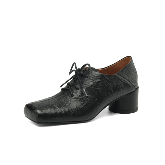 TinaCus Genuine Leather Women's Handmade Chunky Heel Lace Up Pumps