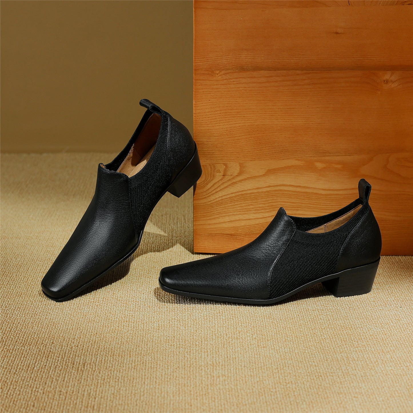 TinaCus Women's Handmade Genuine Leather Chunky Heel Stretch Square Toe Pumps
