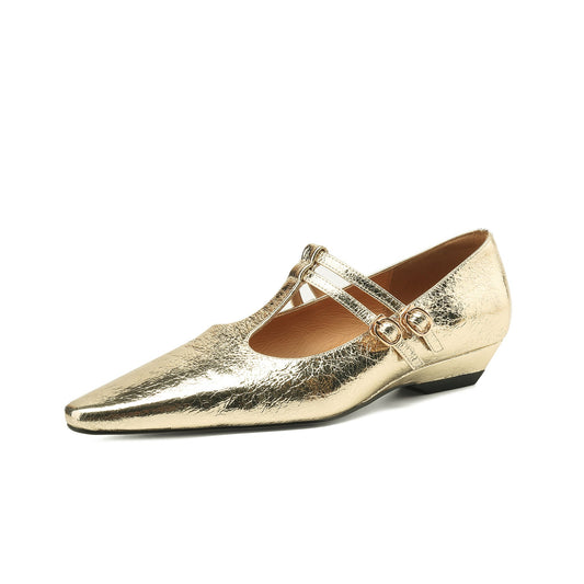 TinaCus Women's Handmade Genuine Leather Pointed Toe Chunky Heel T-Strap Double Buckle Pumps